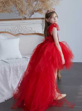 儿童红色礼服红色燕尾女童生日主持服装合唱团演出服钢琴燕尾演出