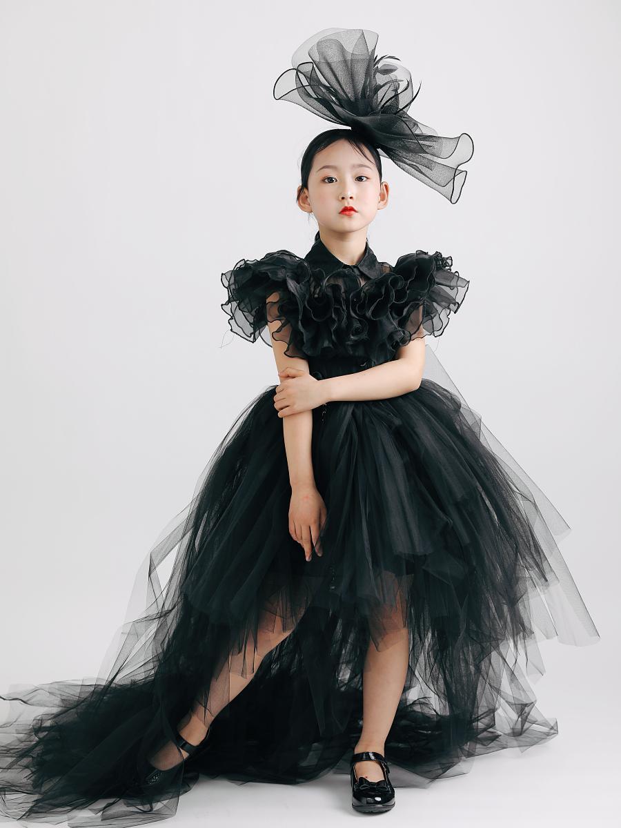 晚礼服女童欧根纱黑色百褶