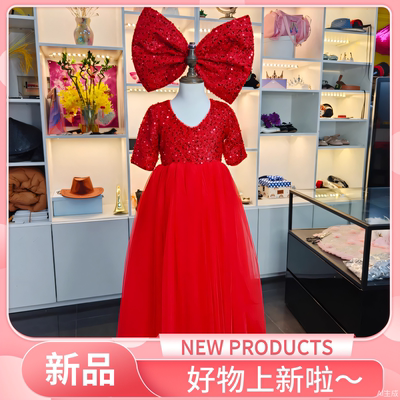 女童红色亮片网纱礼服儿童演出服