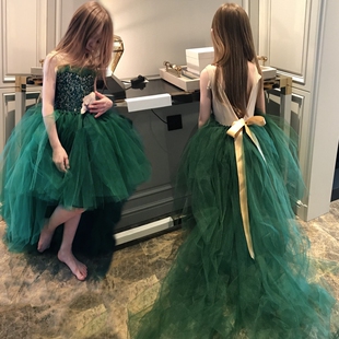 儿童礼服女童亮片拼接钢琴演出服拖尾花童婚纱高端蓬蓬欧美连衣裙