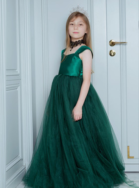 女童墨绿色生日宴会礼服圣诞服装儿童晚礼服国歌节日小提琴演出服