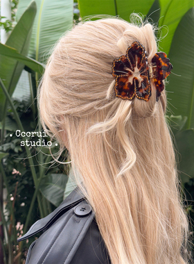 CCCRUI原创设计！轻奢重工豹纹扶桑花朵抓夹高级感超闪鲨鱼夹发饰