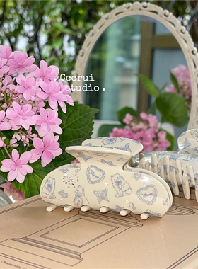 CCCRUI原创！复古甜美猫咪蝴蝶印花抓夹镶钻蝴蝶结爱心盘发鲨鱼夹