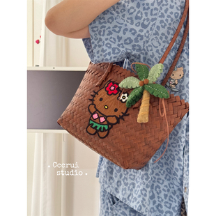 CCCRUI度假复古KT手工编织菜篮子草编包长把手单肩包可爱毛毡包挂