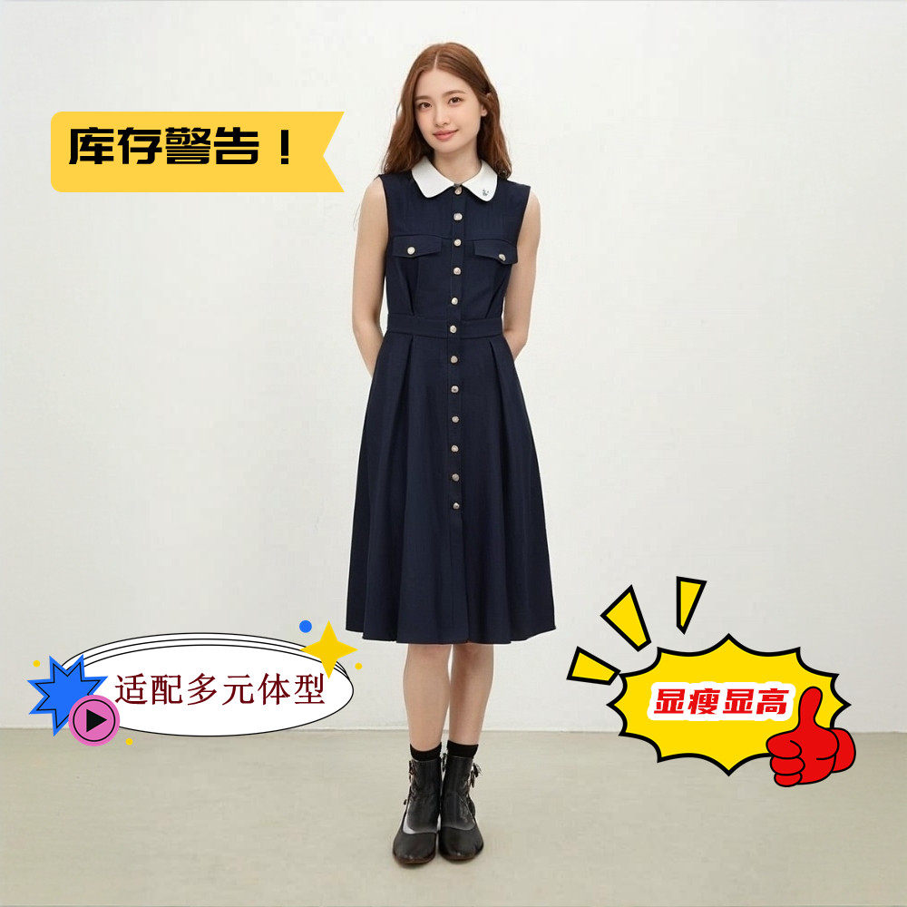 商场同款连衣裙26夏季新款撞色翻领高腰线收褶气质网红中长裙