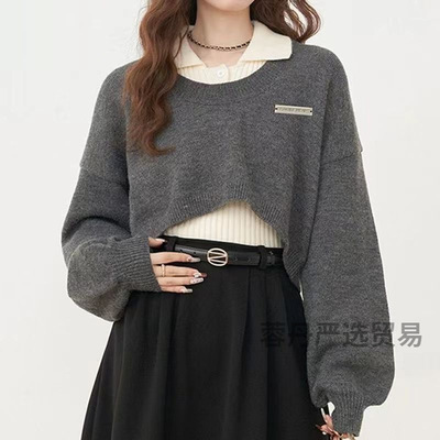 半口仙气领短款高腰学院