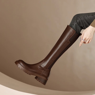 复古棕色厚底长筒靴女2025年秋冬新款 真皮百搭显瘦骑士靴高筒长靴