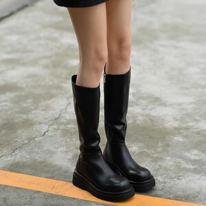 黑色厚底长靴女2023年秋冬新款显瘦粗跟不过膝长筒靴小个子骑士靴