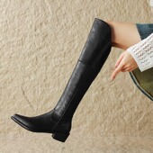 真皮过膝长靴女25秋冬新款 粗腿棕色长筒靴显瘦粗跟尖头高筒骑士靴