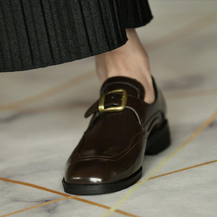 百搭方跟单鞋 复古小皮鞋 真皮低跟皮带扣英伦风乐福鞋 新款 2025春季