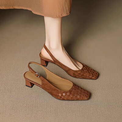 龙猫叔编织方头粗跟包头凉鞋女