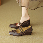 6cm内增高浅口单鞋 方头豹纹一字扣带高跟玛丽珍鞋 女2025秋季 新款