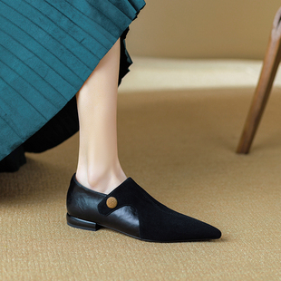 低跟尖头拼接气质磨砂皮女鞋 法式 新款 女2025春季 复古平底深口单鞋