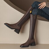 显腿直 真皮加绒里显瘦粗跟骑士靴弹力长靴 高筒靴女2025秋冬新款
