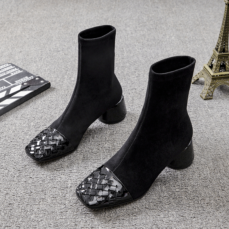 拼接粗跟马丁靴女弹力瘦瘦靴短靴