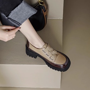 真皮魔术贴松糕百搭高跟单鞋 新款 女2025春季 小个子厚底拼色小皮鞋