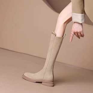 小个子厚底不过膝长筒靴女2025年秋冬新款 磨砂粗跟铆钉高筒骑士靴