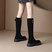 磨砂皮厚底高筒骑士靴女2025秋冬新款 真皮小个子显瘦不过膝长筒靴