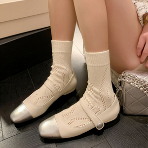 真皮白色平底小皮鞋女2023秋季新款小香风一字带银色玛丽珍鞋单鞋