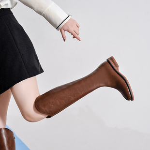 西部牛仔靴女2025年秋冬新款 方头平底骑士靴小个子真皮显瘦长筒靴