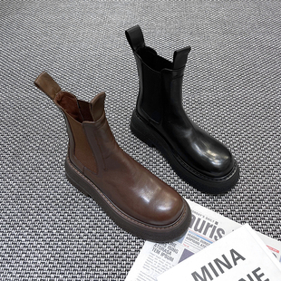 真皮厚底松紧套筒切尔西靴百搭时尚 女鞋 短靴潮 新款 欧洲站2025秋季