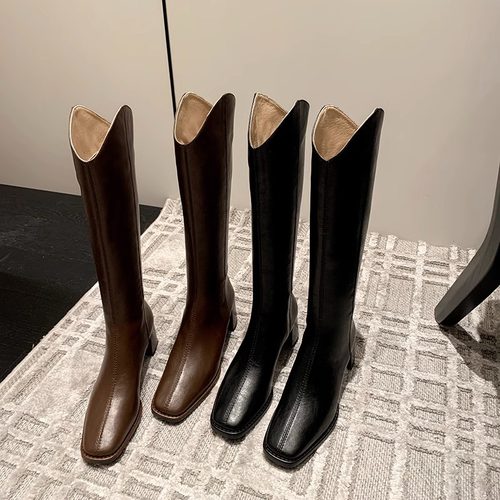 龙猫叔ins棕色方头V口不过膝长靴