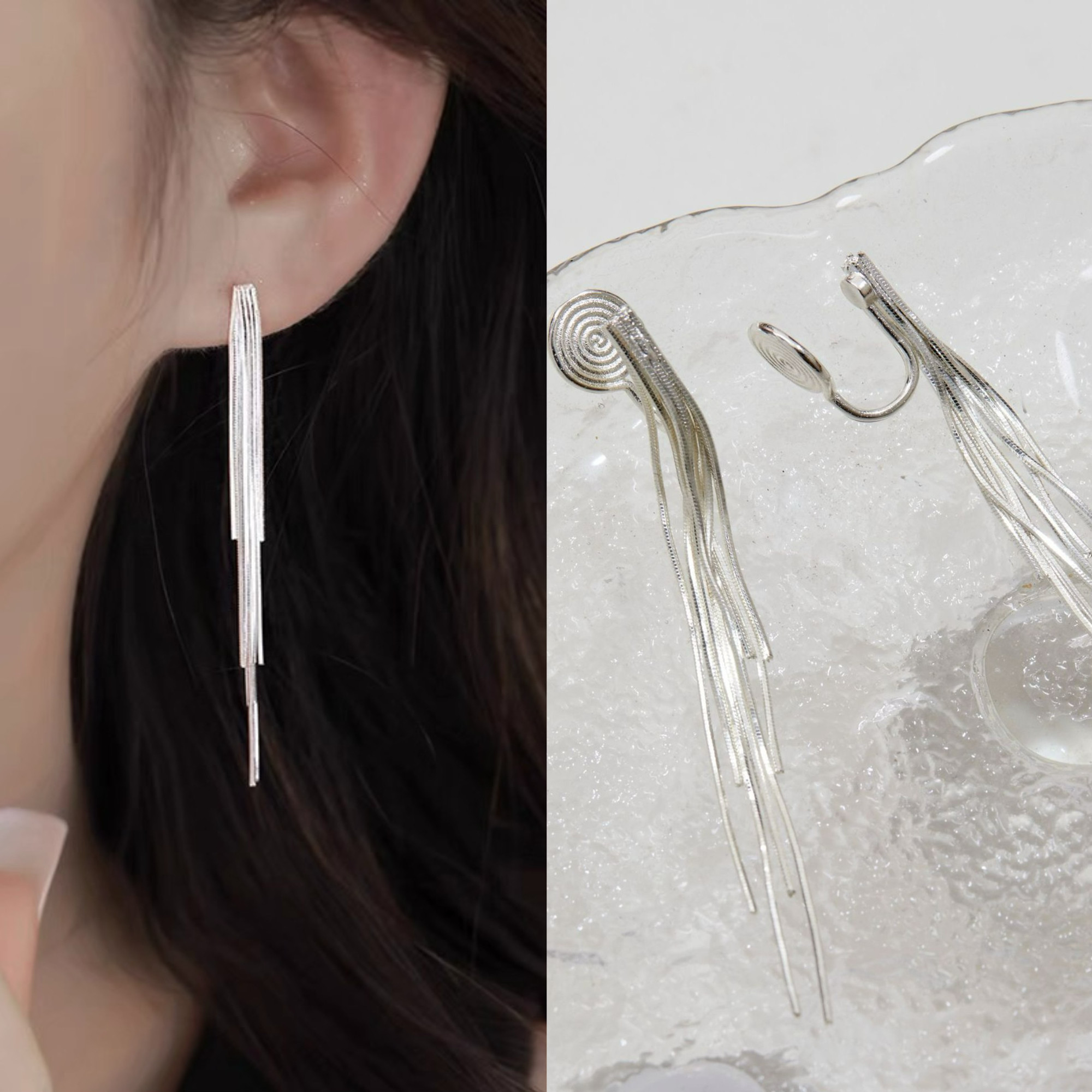 无耳洞「软香玉」银色流苏长款耳钉女简约气质高级无痛蚊香盘耳夹,饰品/流行首饰/时尚饰品新,耳夹,淘宝优惠券,粉丝福利购,淘宝优惠卷