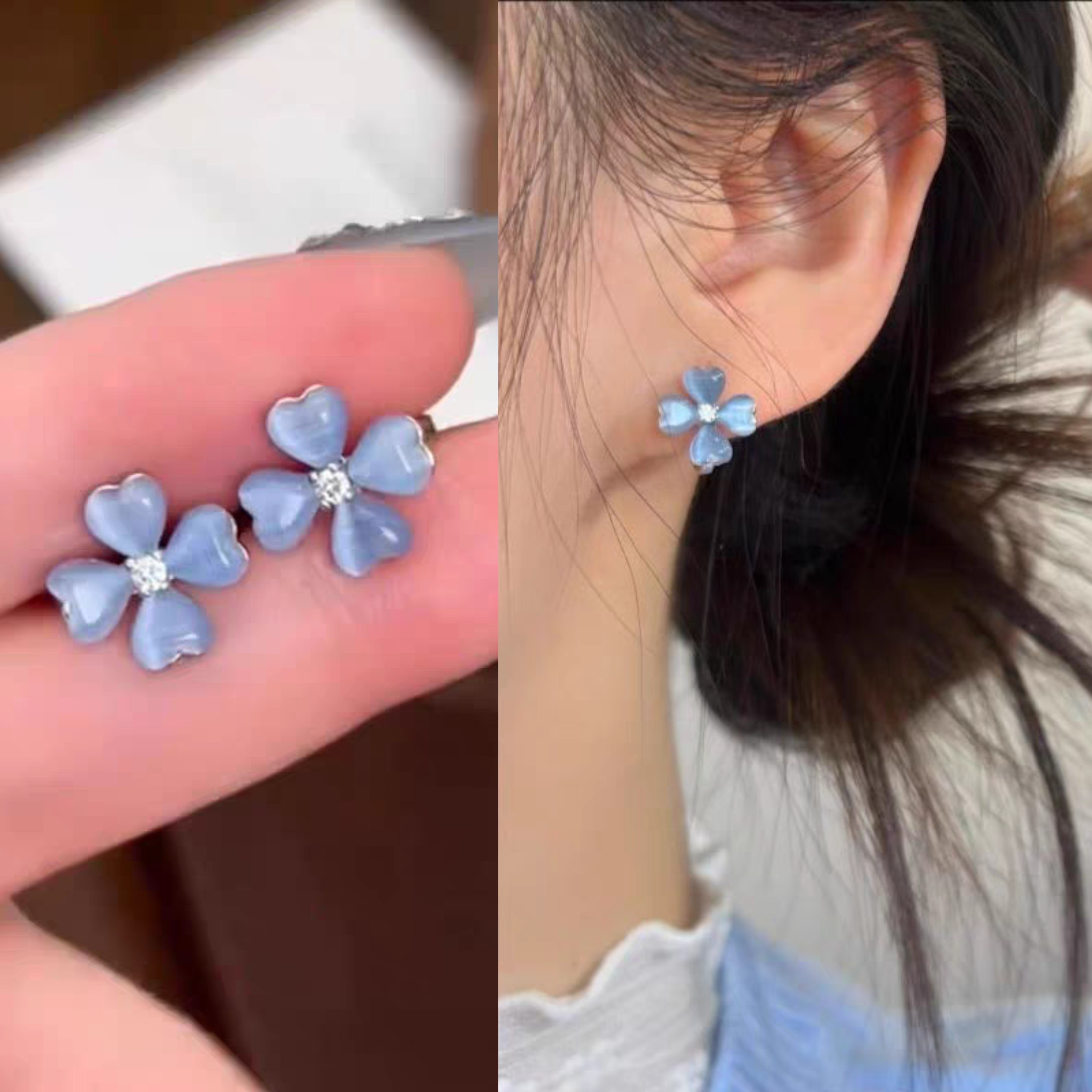 无耳洞「蓝调四叶草」森系冰透蓝色四叶花耳钉精致无痛蚊香盘耳夹
