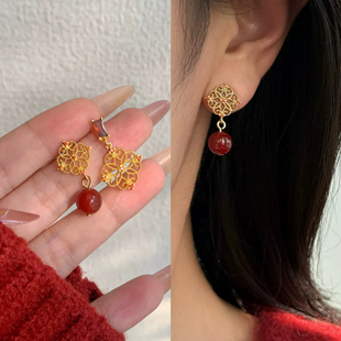 无耳洞「花田喜事」复古镂空红色耳饰女新中式旗袍中国风无痛耳夹