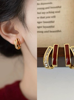 无耳洞「朱颜辞镜」复古红色滴油精致耳针高级感无痛蚊香盘耳夹