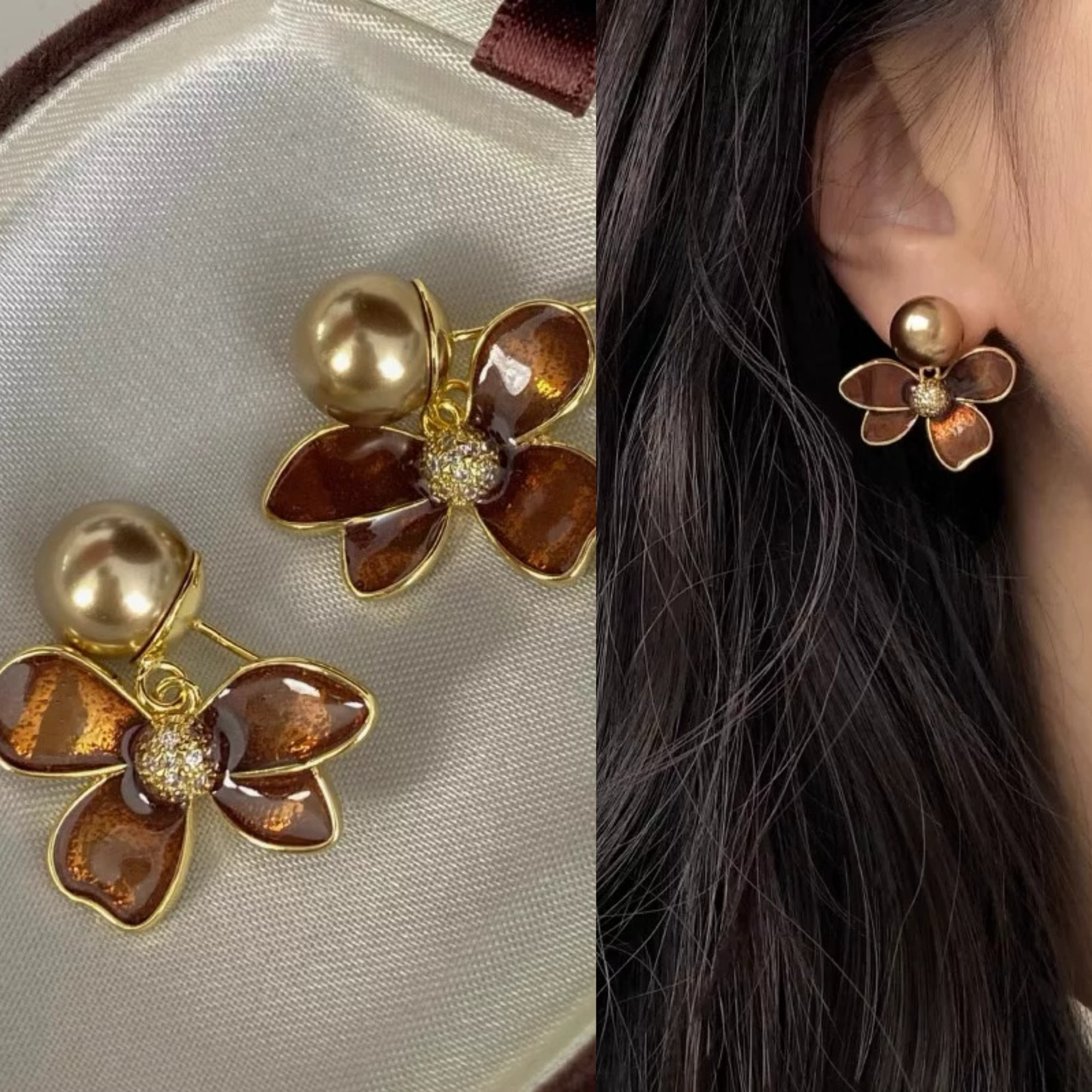 无耳洞「琥珀生花」复古咖色花朵耳针秋冬滴油复古无痛蚊香盘耳夹
