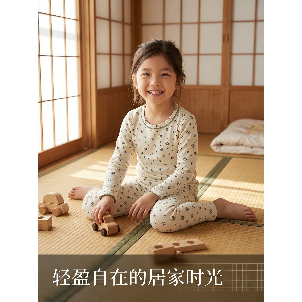 红花绿草满印内衣套装秋衣秋裤保暖套装家居服套装中童大童女童95