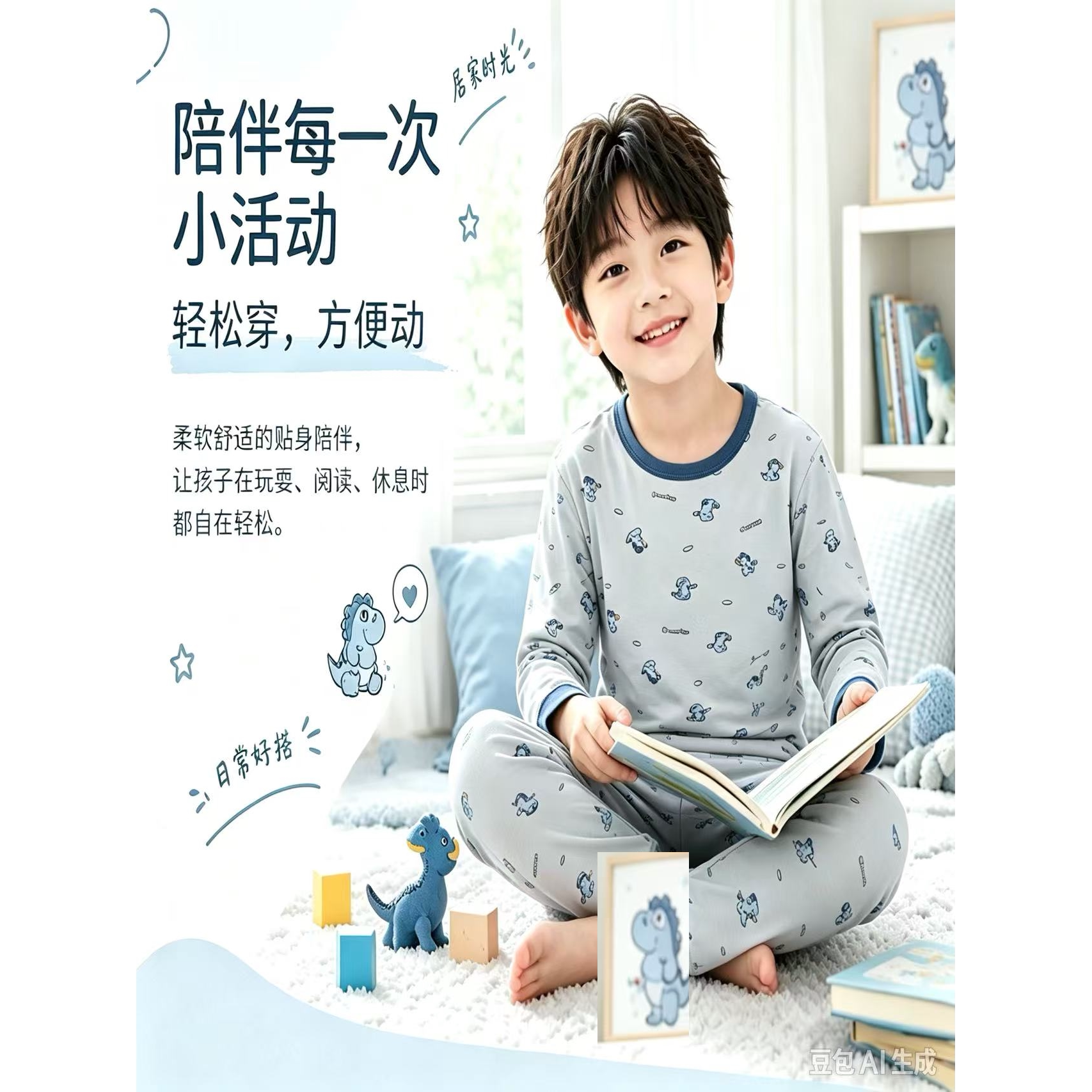 蓝色小恐龙满印内衣套装秋衣秋裤保暖套装家居服套装中童大童男童