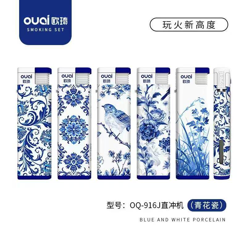 原装正品欧琦青花瓷金属防风打火机充气可充气耐用便携时尚设计图片