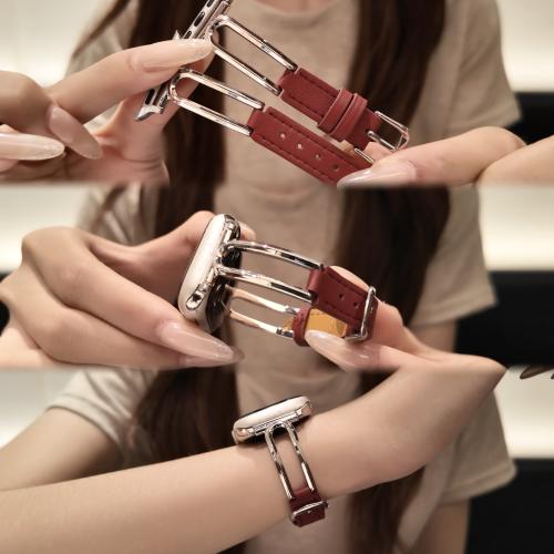 适用苹果手表iwatch10/s11表带细款镂空u形金属拼皮applewatch98