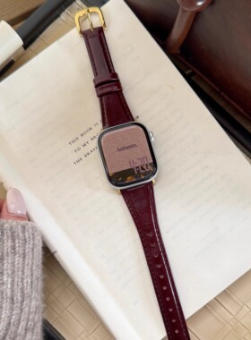 适用苹果Applewatch11复古小蛮腰表带s109真皮表带轻奢女s87se321
