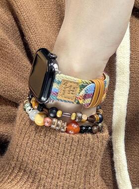 秋冬彩色毛呢韩系格纹皮质表带适用小米手环9pro8pro红米watch5/4