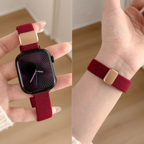 新款适用iWatchs11表带小众酒红Applewatch109秋冬编织s8s7磁吸女