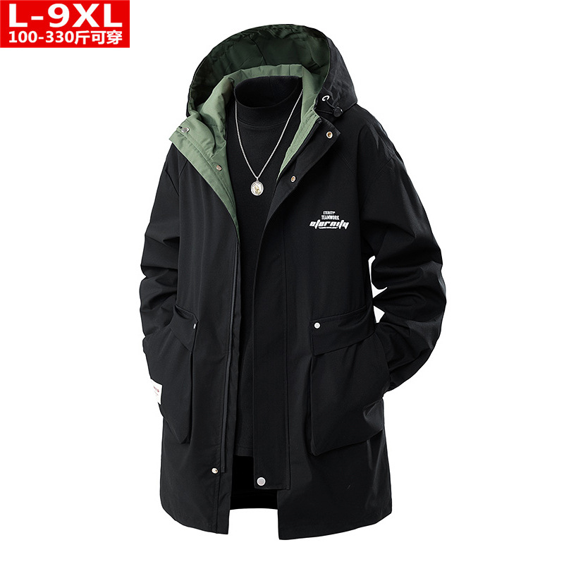 春秋潮流品质男装帅气百搭连帽风衣胖男士加肥大码宽松中长款外套