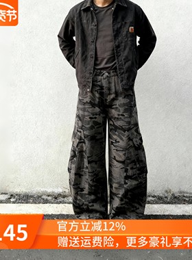 美式阔腿迷彩弯刀工装裤 立体大口袋高街做旧宽松休闲裤男女可穿