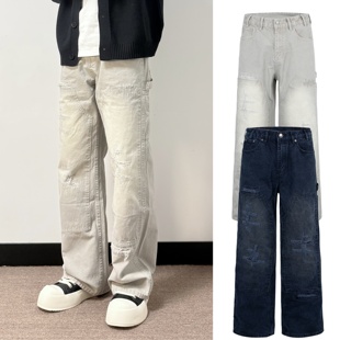 复古水洗做旧裤 美式 宽松阔腿高街风牛仔长裤 牛仔裤 做旧破洞工装