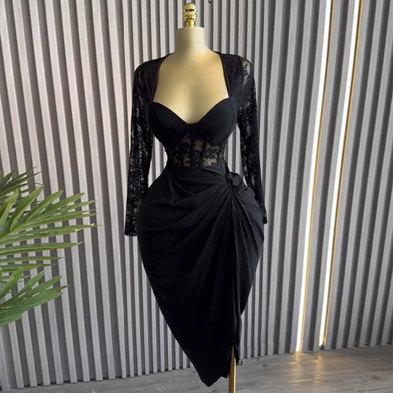 欧美风礼服女装2026新款性感生日聚会裙蕾丝长袖高腰中长款连衣裙