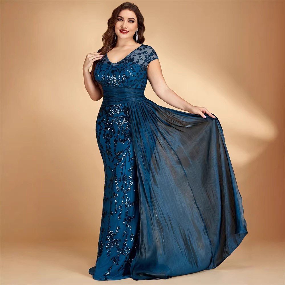 欧美大码优雅珠片拼接酒会晚宴礼服裙伴娘 Plus Size Party Dress