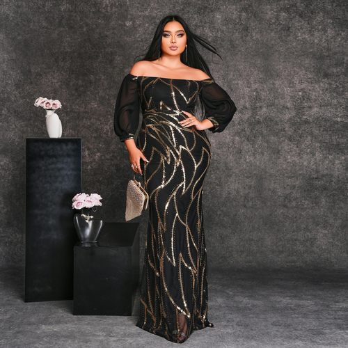 欧美风时尚性感长袖大码长裙