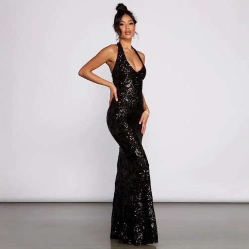 new fashion women birthday dress long maix party dress black