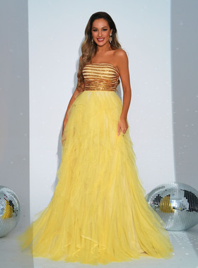 跨境欧美女装新款无袖黄色修身包臀亮片宴会大摆晚礼服连衣裙礼服