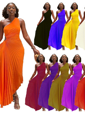 欧美时尚性感女装气质单肩镂空压皱长款连衣裙黄色度假沙滩连衣裙