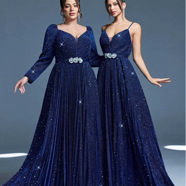 欧洲站跨境新款晚礼服大码亮片长袖气质优雅长裙聚会宴会派对礼服