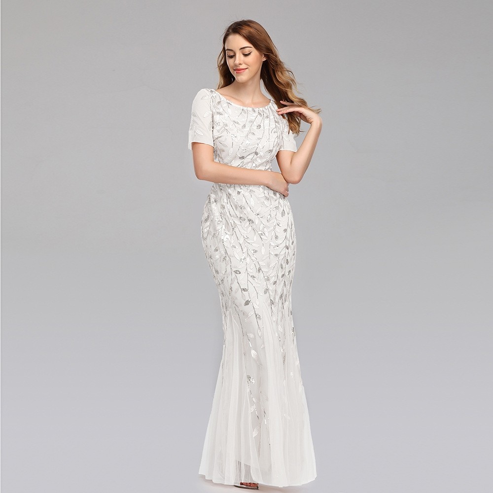 Plus Size Evening Dress white Short Sleeve Party Dress 大码图片