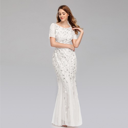 Plus Size Evening Dress white Short Sleeve Party Dress 大码